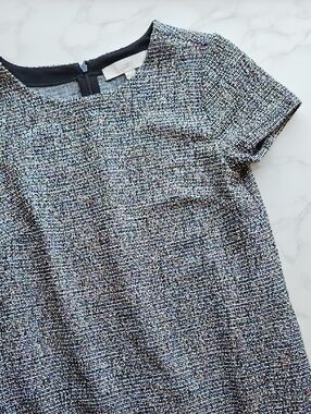 Loft Black & White Colorful Stretchy Tweed Ruffle-Hem Shift Dress XS Petite